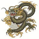 Japanese dragon with water and fire themes. Use at least one spider lilly and chrysanthemum. Black ink only. Aleve or la tattoo design idea