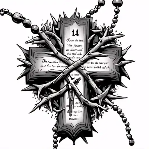 cross with thorns and rosary wrapped around it and a Bible verse reference number on the cross somewhere tattoo design idea