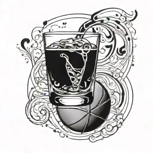 A sleek blackwork design of a glass of whiskey with musical notes and a basketball hidden within the intricate details tattoo design idea