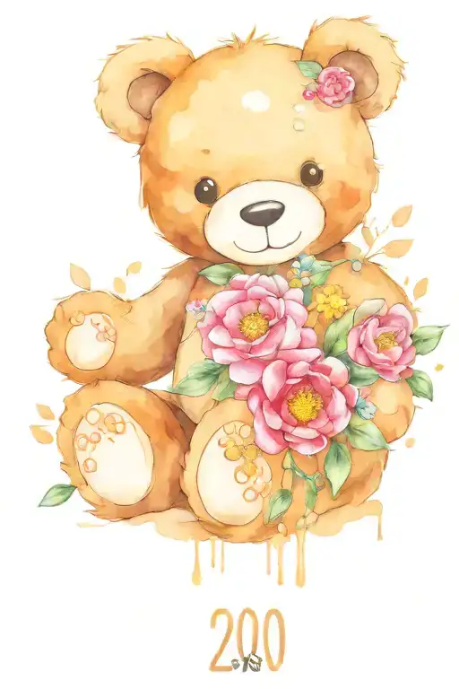 Name and date of birth flowers surroundin teddy bear tattoo design idea
