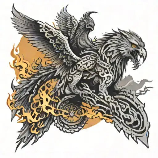 owl, dragon, wolf eagle fish native American warrior riding chains of flames around a mountain  tattoo design idea