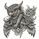 owl, dragon, wolf eagle fish native American warrior riding chains of flames around a mountain  tattoo design idea