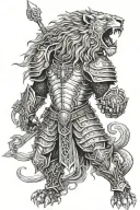 Fantasy warrior with a lion's head, standing in a battle pose, dressed in massive and detailed silver armor with carved  tattoo design idea