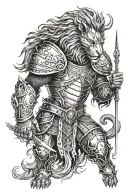 Fantasy warrior with a lion's head, standing in a battle pose, dressed in massive and detailed silver armor with carved  tattoo design idea