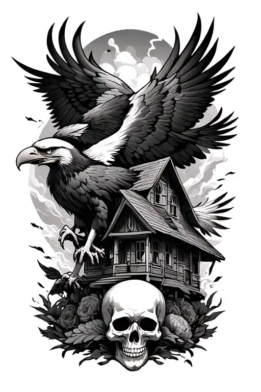 kame House surrounded by storm, eagle, skulls tattoo design idea