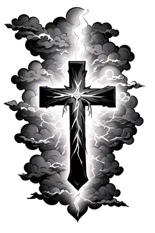 cross tattoo on forearm with clouds and lightning bolt tattoo design idea