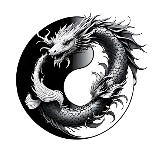 Tattoo sketch circle yin yang china silver dragon and fish zodiac sign tattoo design idea