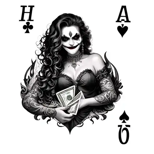 black grey tattoo full sleeve design with skills, demons, One pinup girl, the card Ace of spades, One evil joker, money tattoo design idea