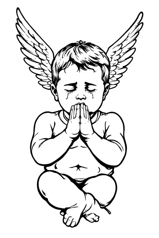 baby boy angel praying hands holding crying tattoo design idea