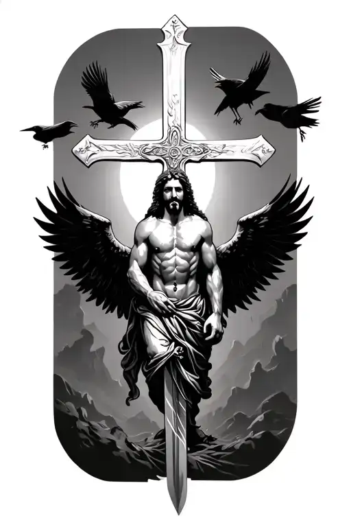 jesus on sword cross with black wings and flying crows no background tattoo design idea