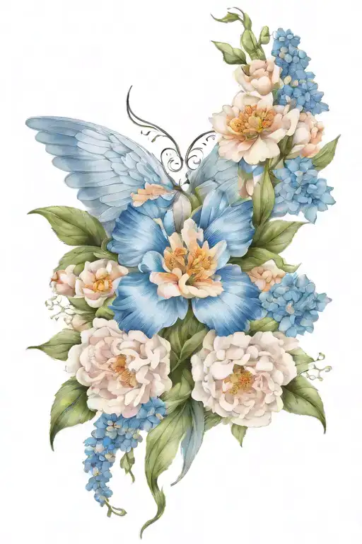 Angel wings surrounded by larkspur and peony flowers tattoo design idea