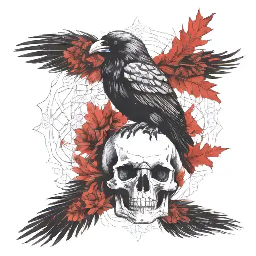 A raven perched on a skull with intricate line work, and Gothic patterns woven into the feathers and skull. tattoo design idea