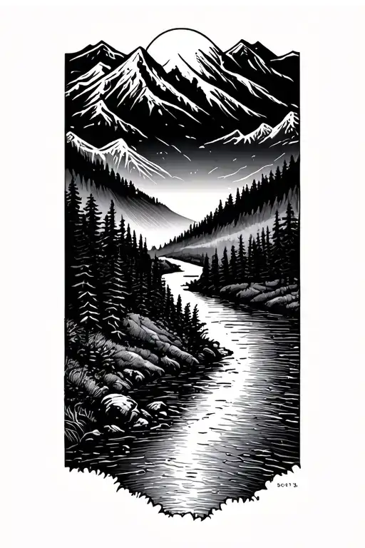 mountain scene with a river flowing and sun rising tattoo design idea