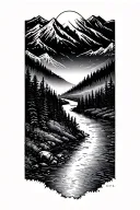 mountain scene with a river flowing and sun rising tattoo design idea