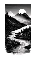 mountain scene with a river flowing and sun rising tattoo design idea