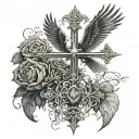 Cross standing while dove flying towards love tattoo design idea