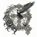 Cross standing while dove flying towards love tattoo design idea