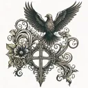 Cross standing while dove flying towards love tattoo design idea