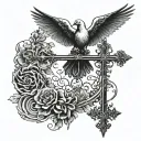 Cross standing while dove flying towards love tattoo design idea
