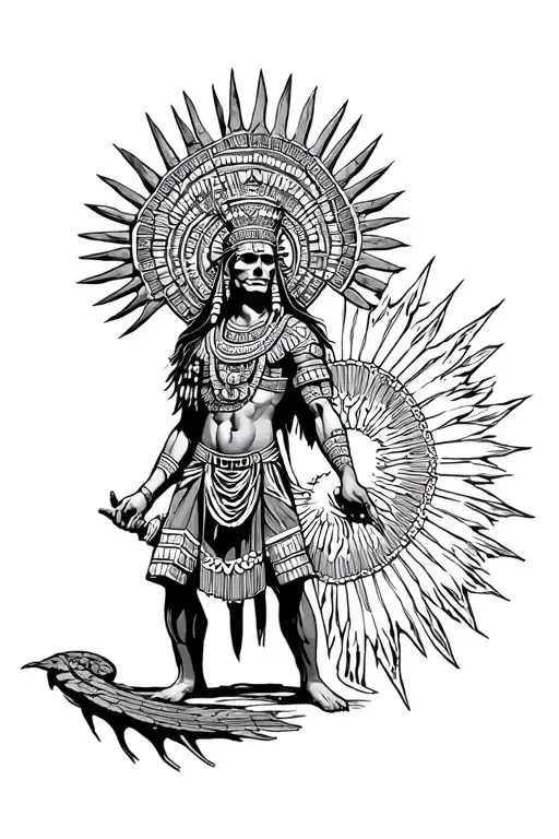 Aztec God with a ray in hand and death behind tattoo design idea