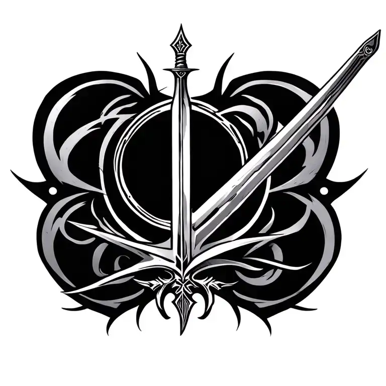 Generate a tattoo design in the neo-tribal and cyber-sigilistic styles. The center of the composition is a long sword wi tattoo design idea