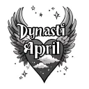 "Dynasti & April" name in shape of heart with wings and clouds inside and stars tattoo design idea