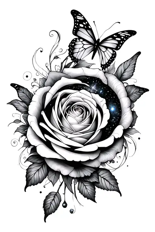 rose, butterflies, galaxy like spiral tattoo design idea