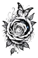 rose, butterflies, galaxy like spiral tattoo design idea