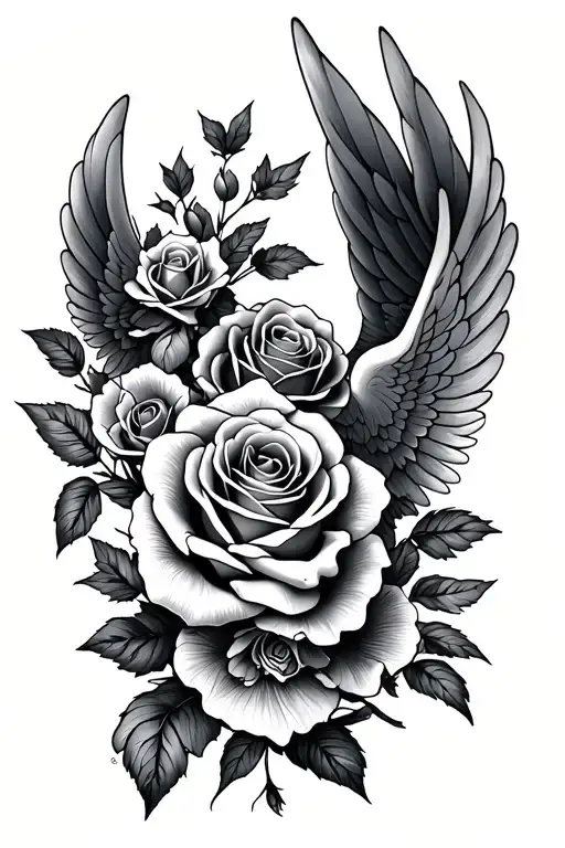 Stitch and angel roses blooming tattoo design idea