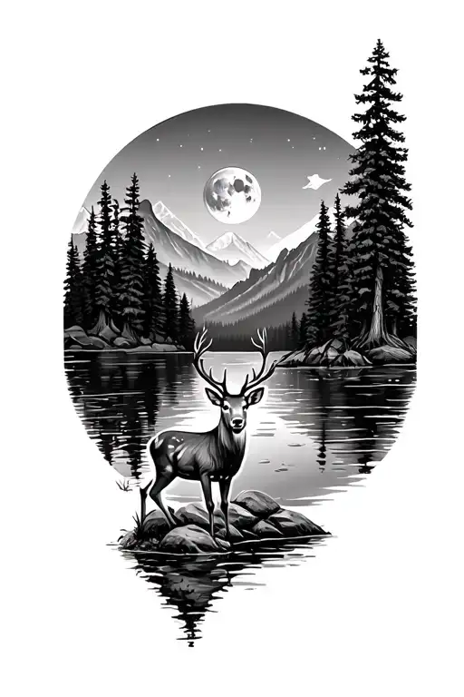 Black and white tattoo of a deer by the lake in a fir forest and mountains in the background with a full moon tattoo design idea