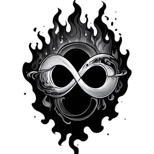 infinity sign in a circle surrounding with fire and water tattoo design idea