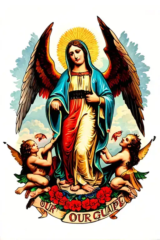 colorful our lady of Guadalupe with angels fighting demons tattoo design idea