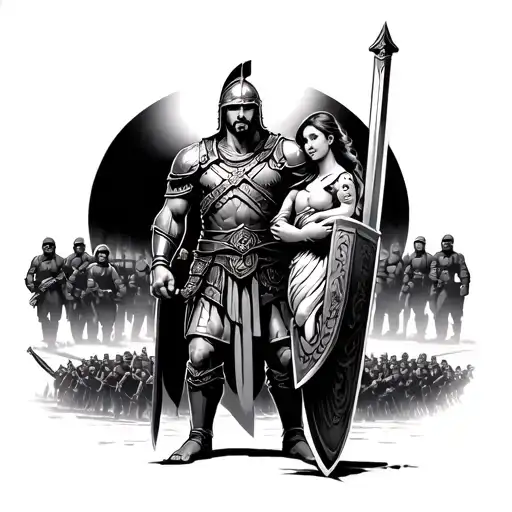 Spartan warrior with sword and shield in hands, army in the background. to his right side his wife holding a baby girl a tattoo design idea