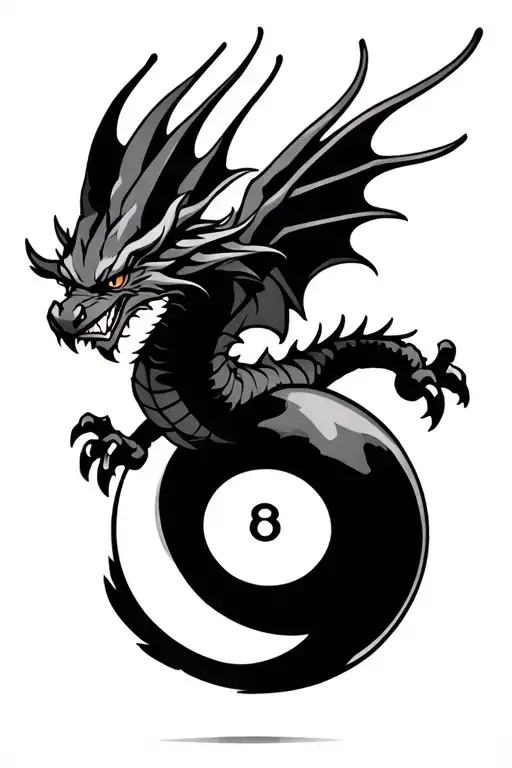eight ball with dragon flying no background black and white tattoo design idea