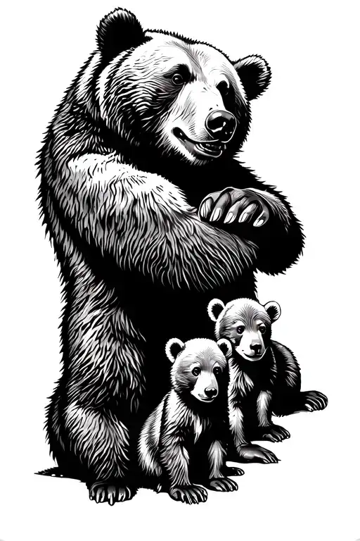 dad bear surrounded by 3 cubs tattoo design idea