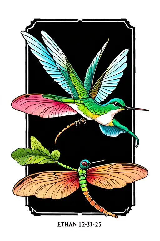 "Ethan 12-31-25" Hummingbird And Dragonfly tattoo design idea