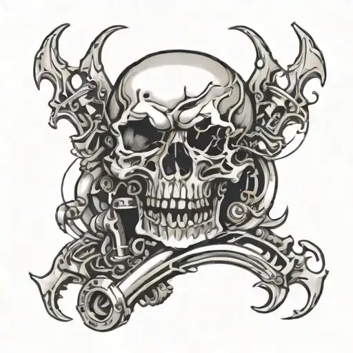 Raging skull integrated into a V8 engine screaming at 20,000 RPM tattoo design idea