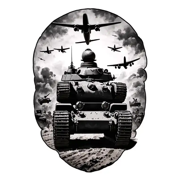 world war scene with bombers, winston Churchill tanks and d,day tattoo design idea
