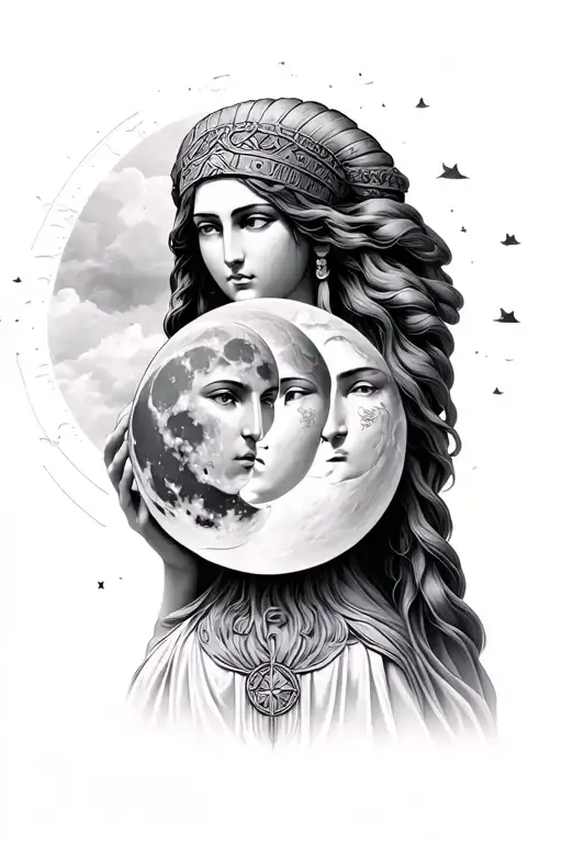 the 3 faced goddess Athena holding the moon in various phases tattoo design idea
