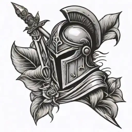 spartan helmet with battle marks, crossed sword and pike, calla lillies  tattoo design idea