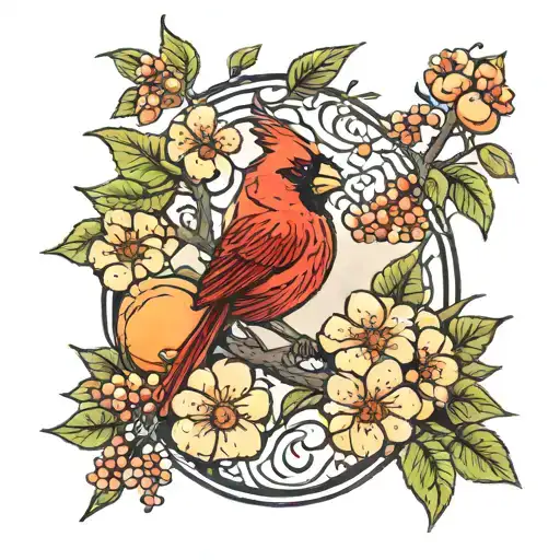 cardinal and peach tree tattoo design idea