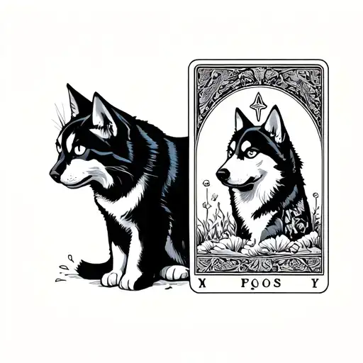 black cat with a husky tarot card  tattoo design idea