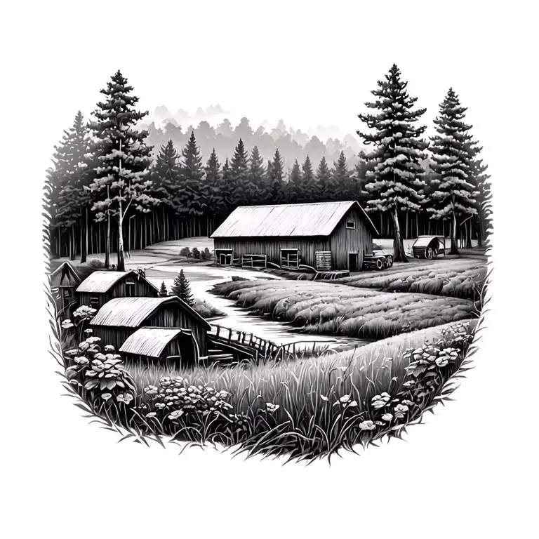 farm and woods surrounded tattoo design idea