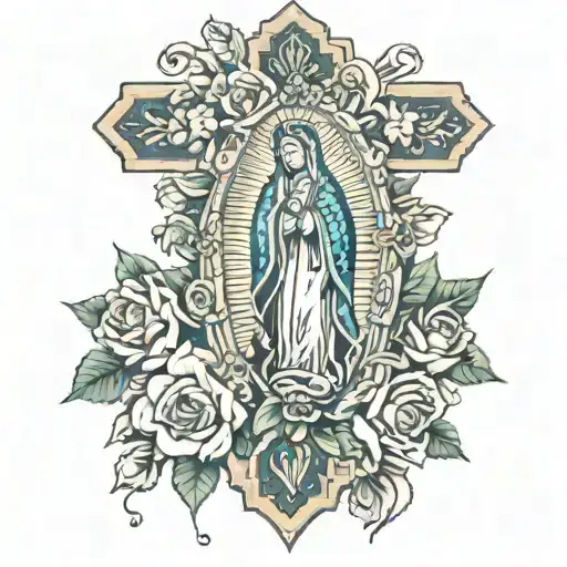 cross with roses and virgen de Guadalupe in the middle of the cross tattoo design idea