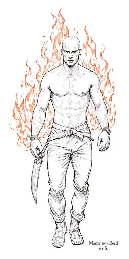 "Many are called, chosen are fe" man walking through fire  tattoo design idea