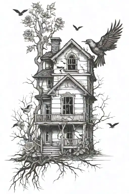 Abandoned Stalin-era house, roses, tree roots, the bird flying away tattoo design idea