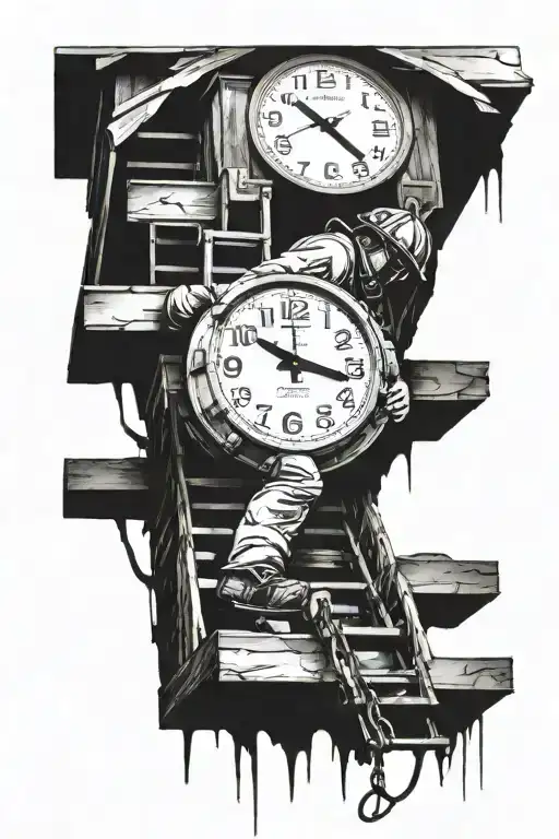 firefighter climbing tattered stairs to a broken clock tattoo design idea