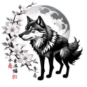 Wolf, moon, sakura flowers, soul mate, flames, Simon in Japanese writing tattoo design idea