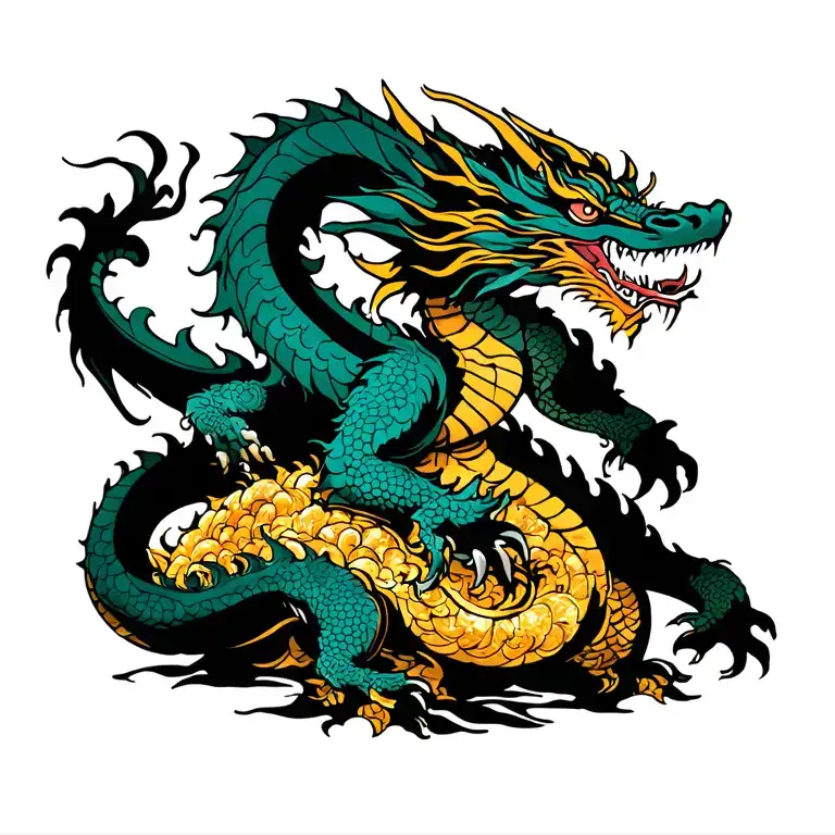 Three headed dragon on a pile of gold tattoo tattoo design idea