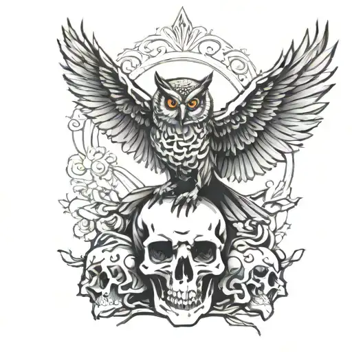 owl sitting on skull tattoo design idea